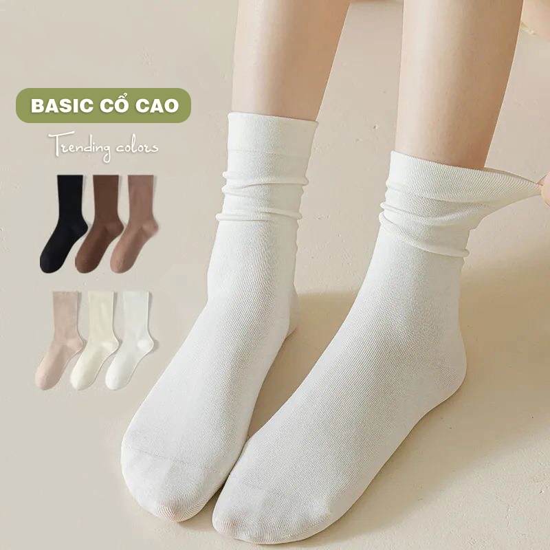 Combo 5 đôi vớ cổ cao trơn Basic dễ phối đồ, chất liệu tất cotton co giãn 4 chiều - Ekiu Shop