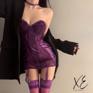 Váy ngủ - Váy ren phối lụa corset gợi cảm kèm tất chân 3 màu ( BS16 ) - Sản phẩm che tên