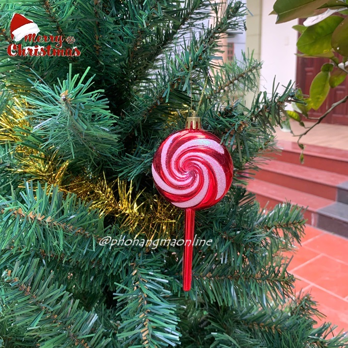 1 Quả thông KẸO MÚT xoắn nhựa đỏ trắng, phụ kiện treo trang trí cây thông Noel giáng sinh