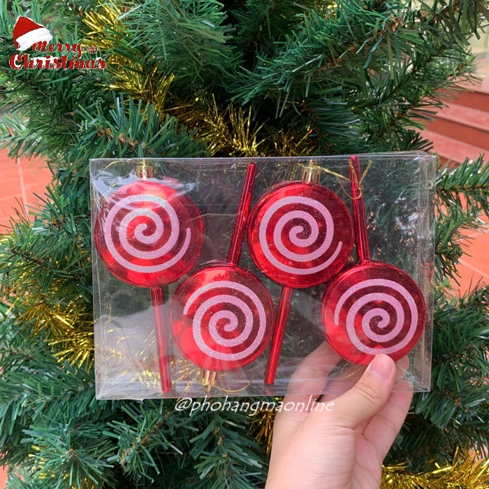 1 Quả thông KẸO MÚT xoắn nhựa đỏ trắng, phụ kiện treo trang trí cây thông Noel giáng sinh