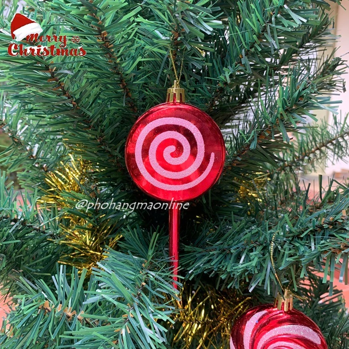 1 Quả thông KẸO MÚT xoắn nhựa đỏ trắng, phụ kiện treo trang trí cây thông Noel giáng sinh