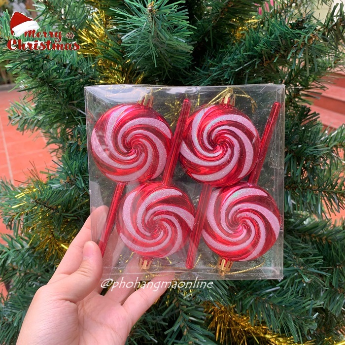 1 Quả thông KẸO MÚT xoắn nhựa đỏ trắng, phụ kiện treo trang trí cây thông Noel giáng sinh