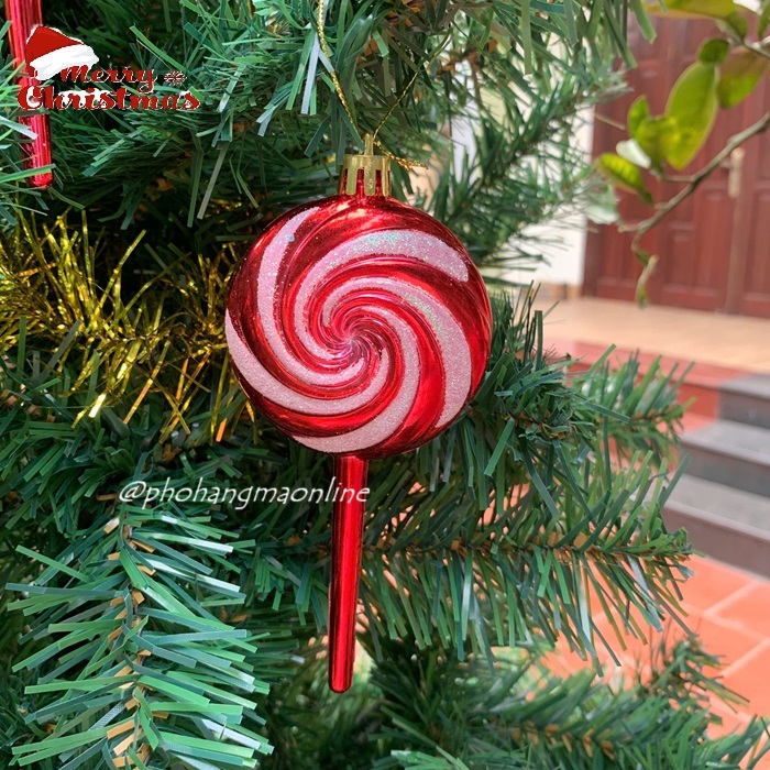 1 Quả thông KẸO MÚT xoắn nhựa đỏ trắng, phụ kiện treo trang trí cây thông Noel giáng sinh