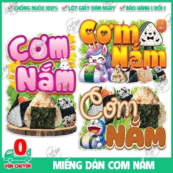 Hình dán CƠM NẮM decal trang trí kính decor cửa hàng quán, ăn vặt , xe ...