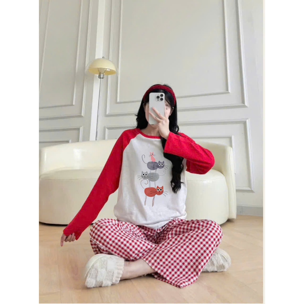 Sét bộ dài tay phối đỏ mùa giáng sinh Noel JULY FASHION, Sét đồ mặc nhà, đồ bộ mặc nhà mùa đông màu đỏ Giáng sinh