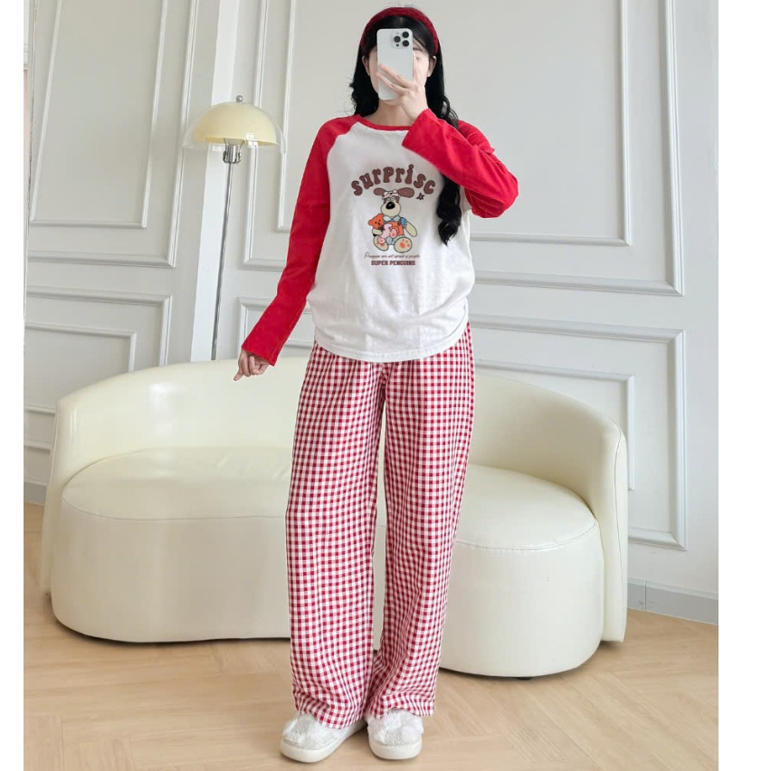 Sét bộ dài tay phối đỏ mùa giáng sinh Noel JULY FASHION, Sét đồ mặc nhà, đồ bộ mặc nhà mùa đông màu đỏ Giáng sinh
