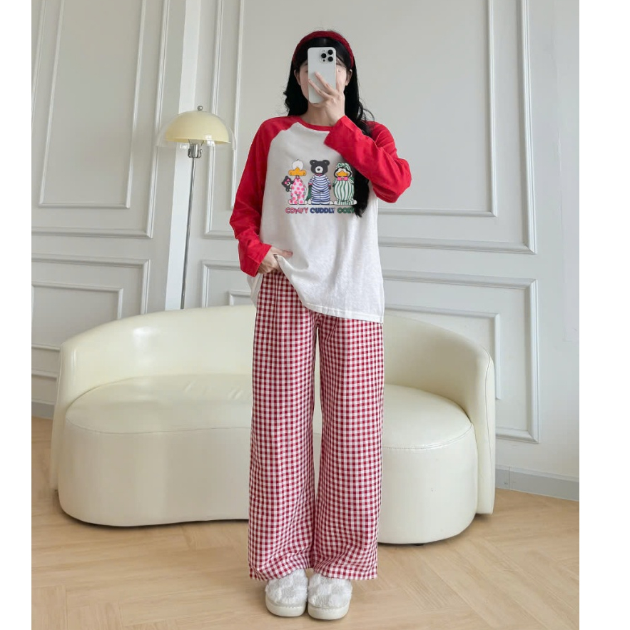 Sét bộ dài tay phối đỏ mùa giáng sinh Noel JULY FASHION, Sét đồ mặc nhà, đồ bộ mặc nhà mùa đông màu đỏ Giáng sinh