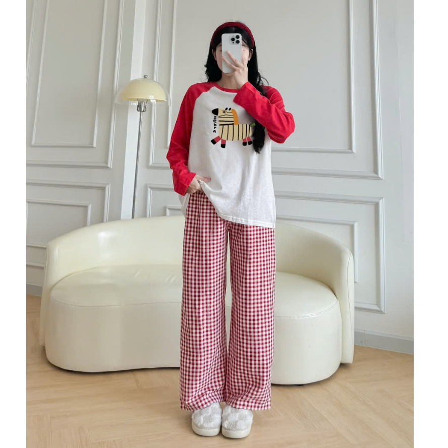 Sét bộ dài tay phối đỏ mùa giáng sinh Noel JULY FASHION, Sét đồ mặc nhà, đồ bộ mặc nhà mùa đông màu đỏ Giáng sinh