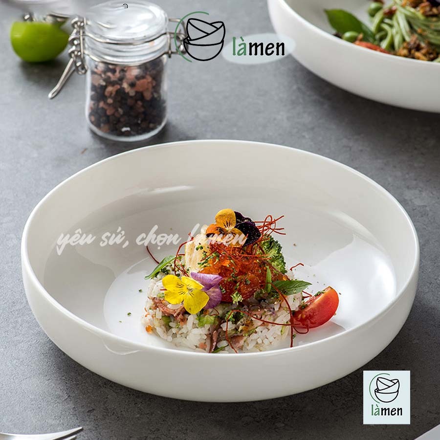 [Bảo Hành Bể Vỡ] Đĩa Sứ Trắng Lòng Sâu Thành Cao, Dày Dặn Cao Cấp Thiết Kế Đơn Giản Sang Trọng DIA011