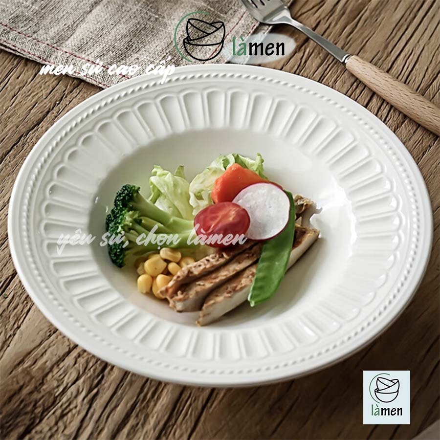 [Bảo Hành Bể Vỡ] Đĩa Sứ Trắng Lòng Trũng, Viền Rộng Thiết Kế Phong Cách Bắc Âu Sang Trọng DIA105