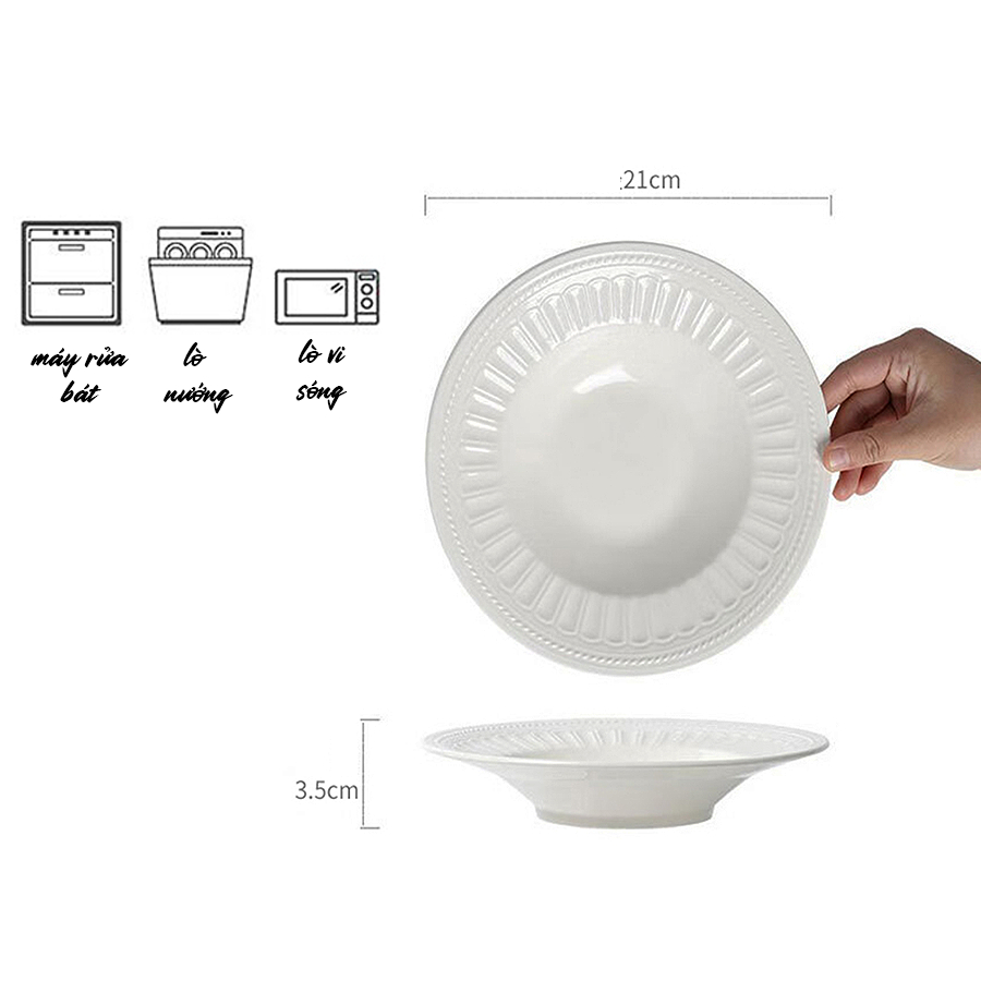 [Bảo Hành Bể Vỡ] Đĩa Sứ Trắng Lòng Trũng, Viền Rộng Thiết Kế Phong Cách Bắc Âu Sang Trọng DIA105