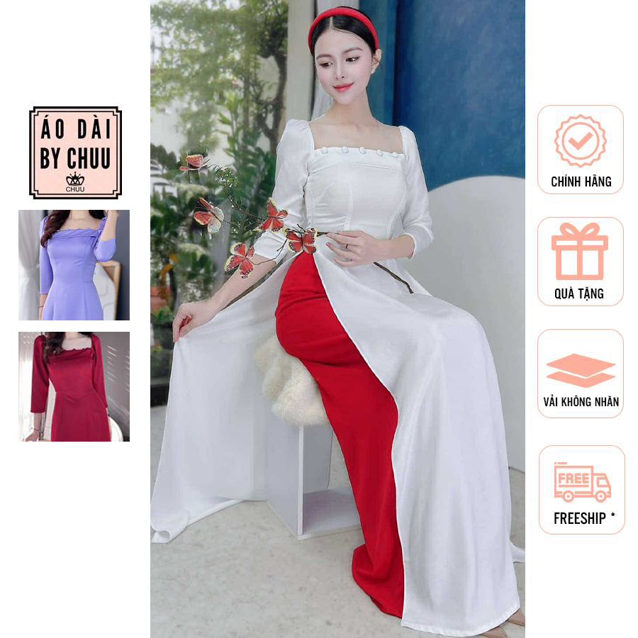 Áo dài nữ cách tân lưới xinh xắn đính nút bọc không kèm quần CHUU AD9001.8027