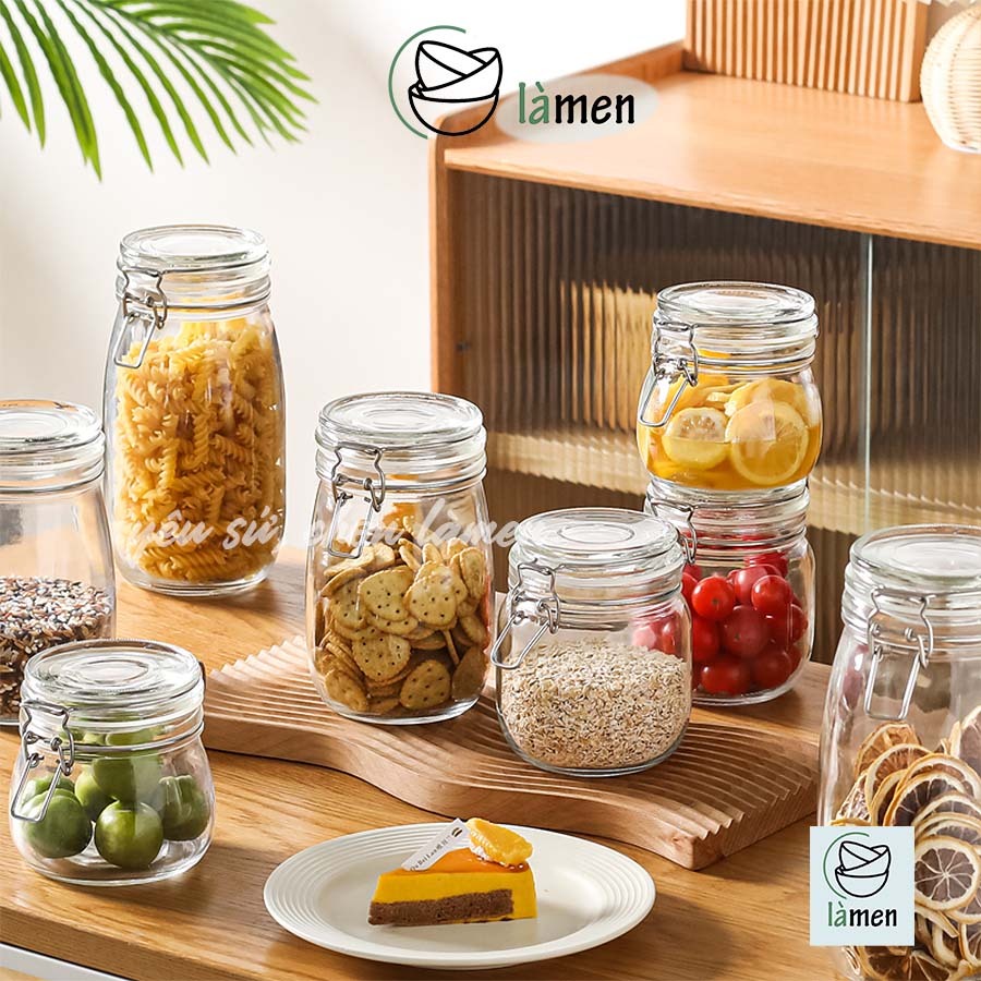 [Bảo Hành Bể Vỡ] Hũ Thủy Tinh, Bình Thủy Tinh Có Nắp Cài Kim Loại Dáng Tròn LOT005