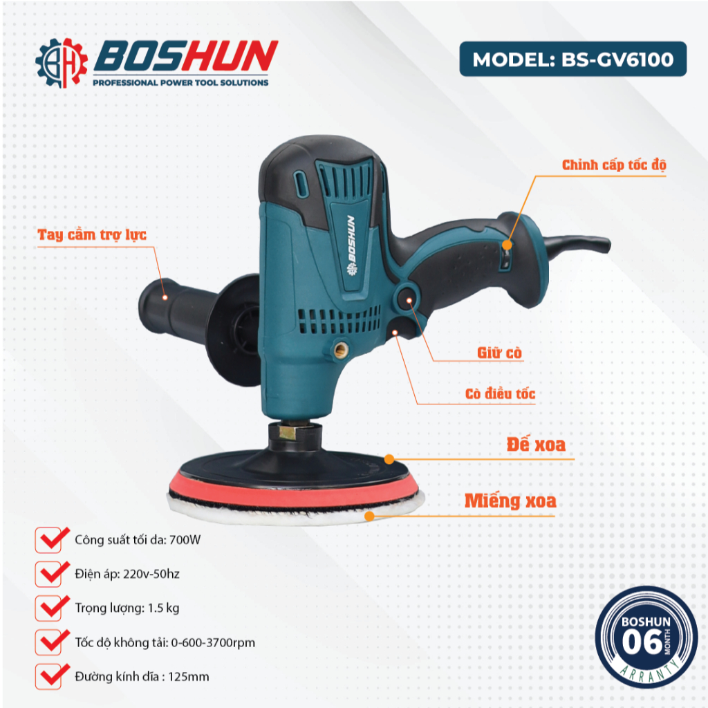 Máy Đánh Bóng Boshun BS-GV6100 Công Suất 700W 6 Tốc Độ, Đánh Bóng, Chà Nhám Ô tô, Xe Máy, Gỗ, Sàn Nhà, Tường