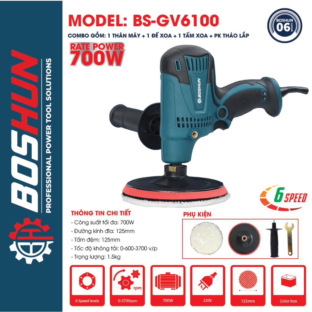 Máy Đánh Bóng Boshun BS-GV6100 Công Suất 700W 6 Tốc Độ, Đánh Bóng, Chà Nhám Ô tô, Xe Máy, Gỗ, Sàn Nhà, Tường