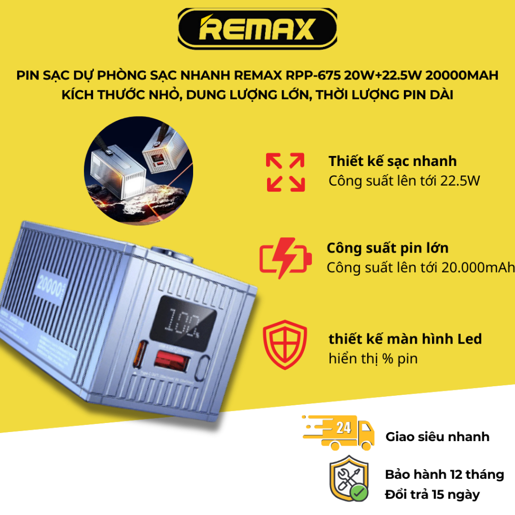 Pin sạc dự phòng sạc nhanh Remax RPP-675 20W+22.5W 20000mAh Kích thước ...