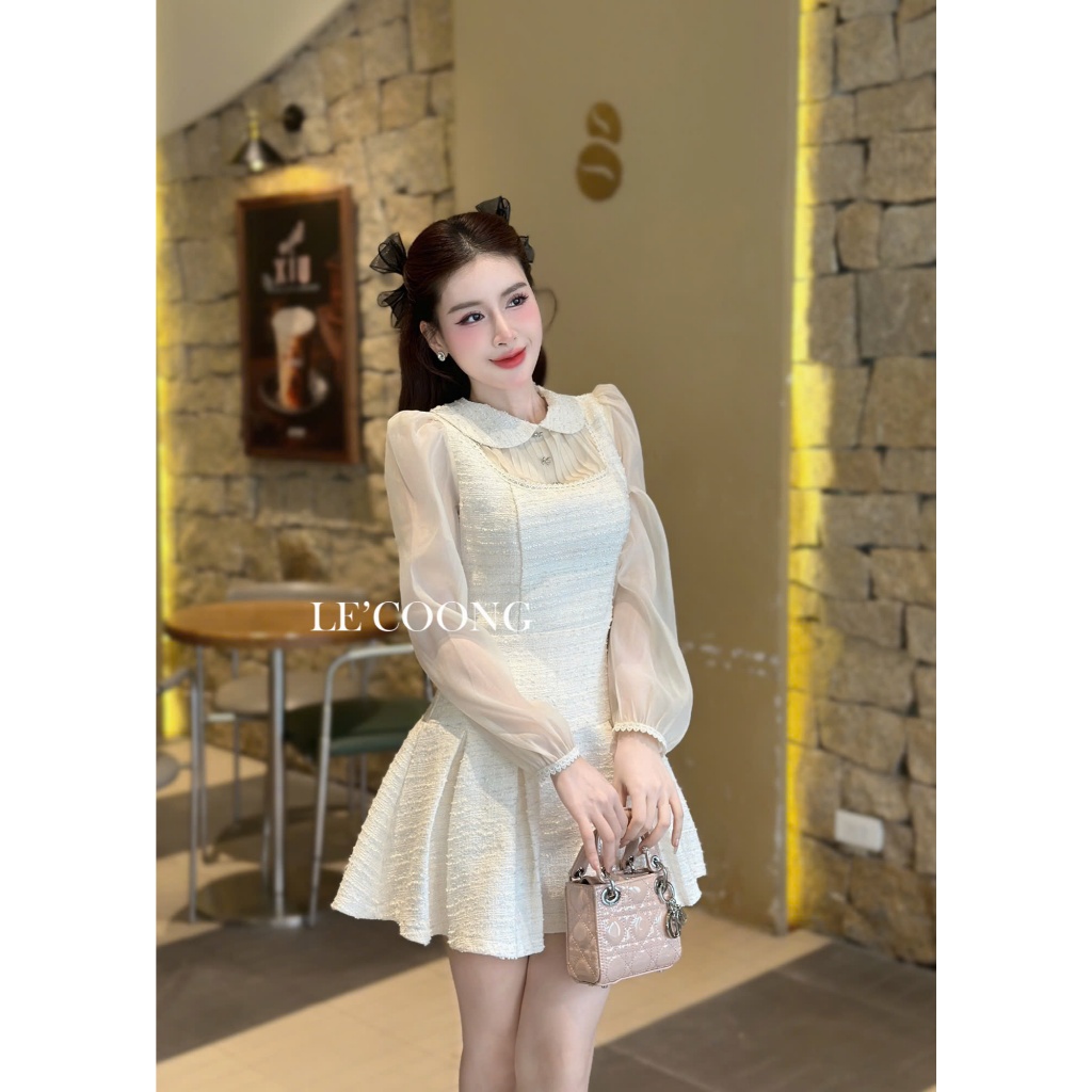 Ảnh Váy Dạ Tweed Dáng Ngắn Phối Voan Tơ  LECOONG V696 Đầm ĐẹpTiểu Thư Màu Be Đen Xanh Đỏ 2