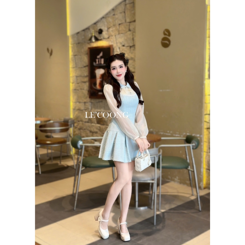 Ảnh Váy Dạ Tweed Dáng Ngắn Phối Voan Tơ  LECOONG V696 Đầm ĐẹpTiểu Thư Màu Be Đen Xanh Đỏ 3