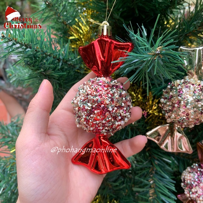 1 Quả thông KẸO xoắn đính đá nhiều màu, phụ kiện treo trang trí cây thông Noel giáng sinh