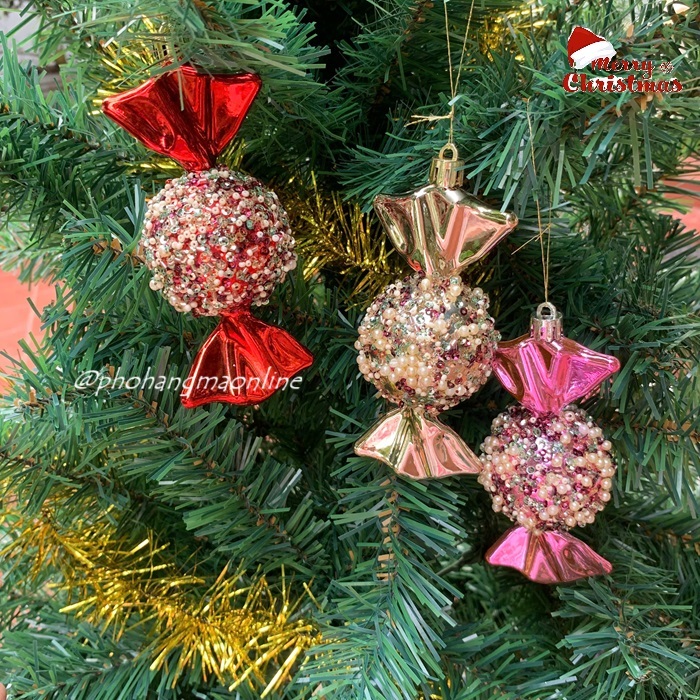 1 Quả thông KẸO xoắn đính đá nhiều màu, phụ kiện treo trang trí cây thông Noel giáng sinh