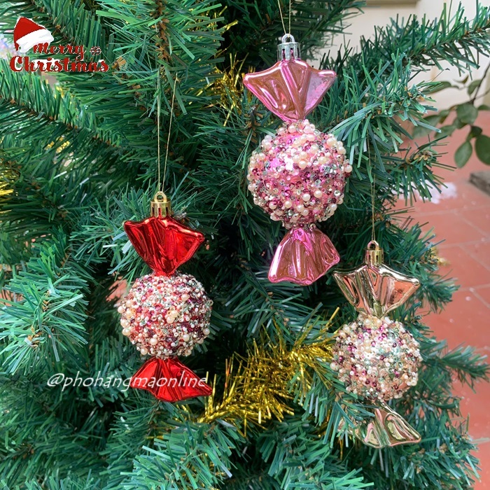 1 Quả thông KẸO xoắn đính đá nhiều màu, phụ kiện treo trang trí cây thông Noel giáng sinh