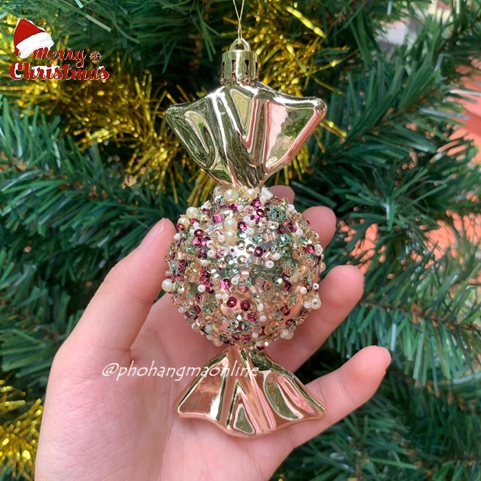 1 Quả thông KẸO xoắn đính đá nhiều màu, phụ kiện treo trang trí cây thông Noel giáng sinh