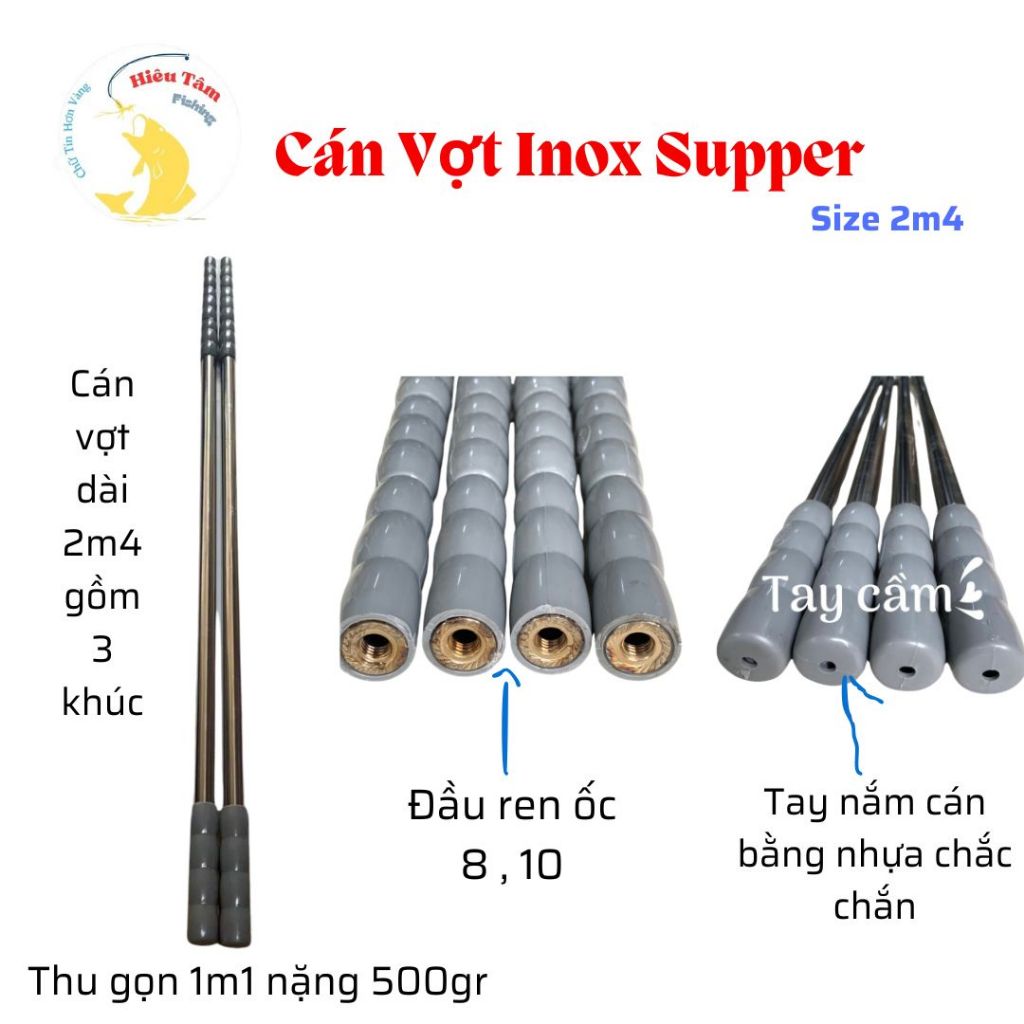 Cán vợt Inox Supper 2m4 ( ốc 8 và ốc 10) siêu khỏe, cứng cáp hàng thủ ...