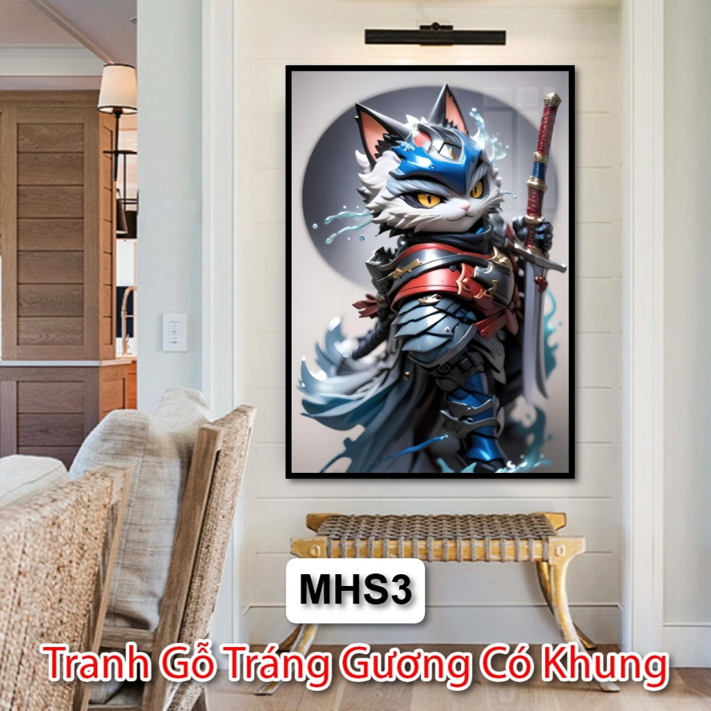 Tranh Gỗ Tráng Gương Chú Mèo Hiệp Sĩ Cute Dễ Thương Trang Trí Cho Căn Phòng Của Bạn