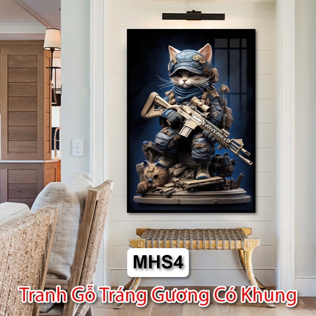 Tranh Gỗ Tráng Gương Chú Mèo Hiệp Sĩ Cute Dễ Thương Trang Trí Cho Căn Phòng Của Bạn