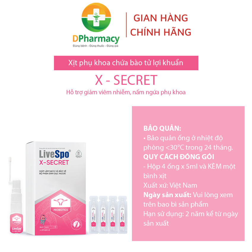 Xịt phụ khoa LiveSpo X-Secret- chứa bào tử lợi khuẩn. Hỗ trợ khử mùi và cân bằng pH, không kích ứng