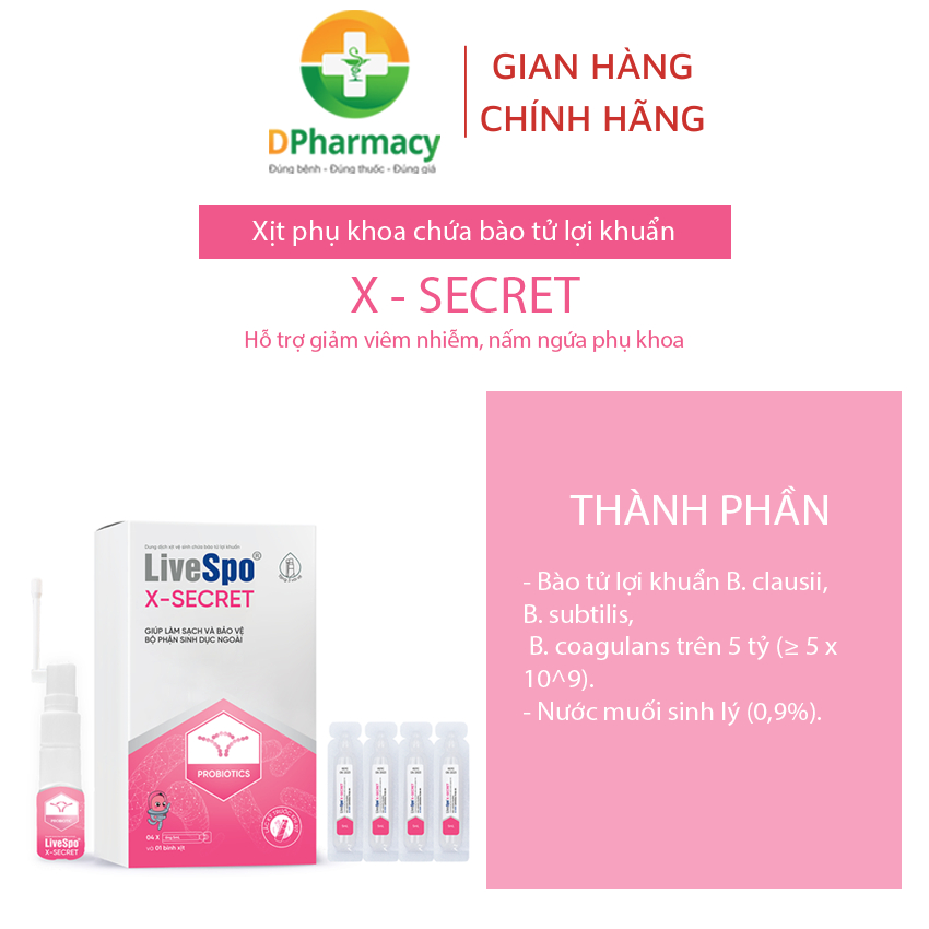 Xịt phụ khoa LiveSpo X-Secret- chứa bào tử lợi khuẩn. Hỗ trợ khử mùi và cân bằng pH, không kích ứng
