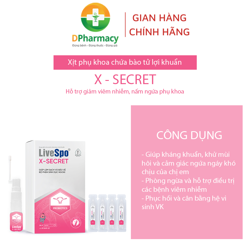 Xịt phụ khoa LiveSpo X-Secret- chứa bào tử lợi khuẩn. Hỗ trợ khử mùi và cân bằng pH, không kích ứng