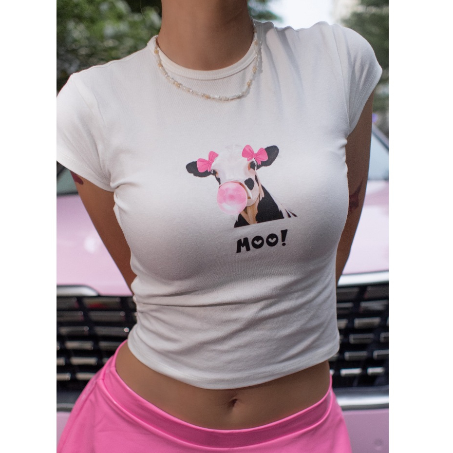 SALE 99K - Áo thun baby tee cotton forom ôm y2k in hình capybara "slay all day"& bò sữa đeo nơ | bananabu