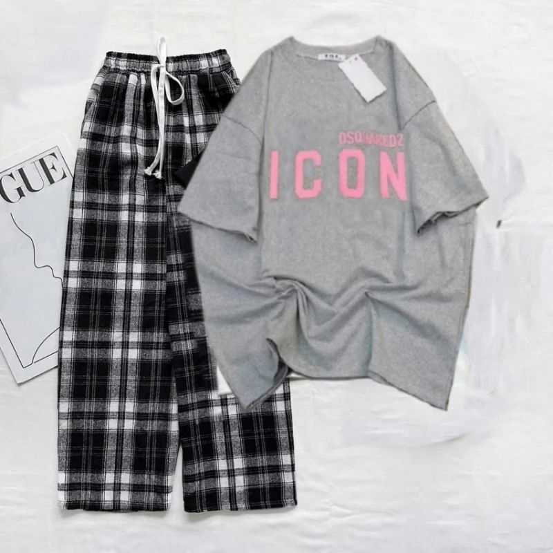 [ Rẻ Vô Địch ] Tổng Hợp Các Sét Bộ Quần Suông + Mix Áo Phông Form Rộng Tay Lỡ Chữ ICON Xám