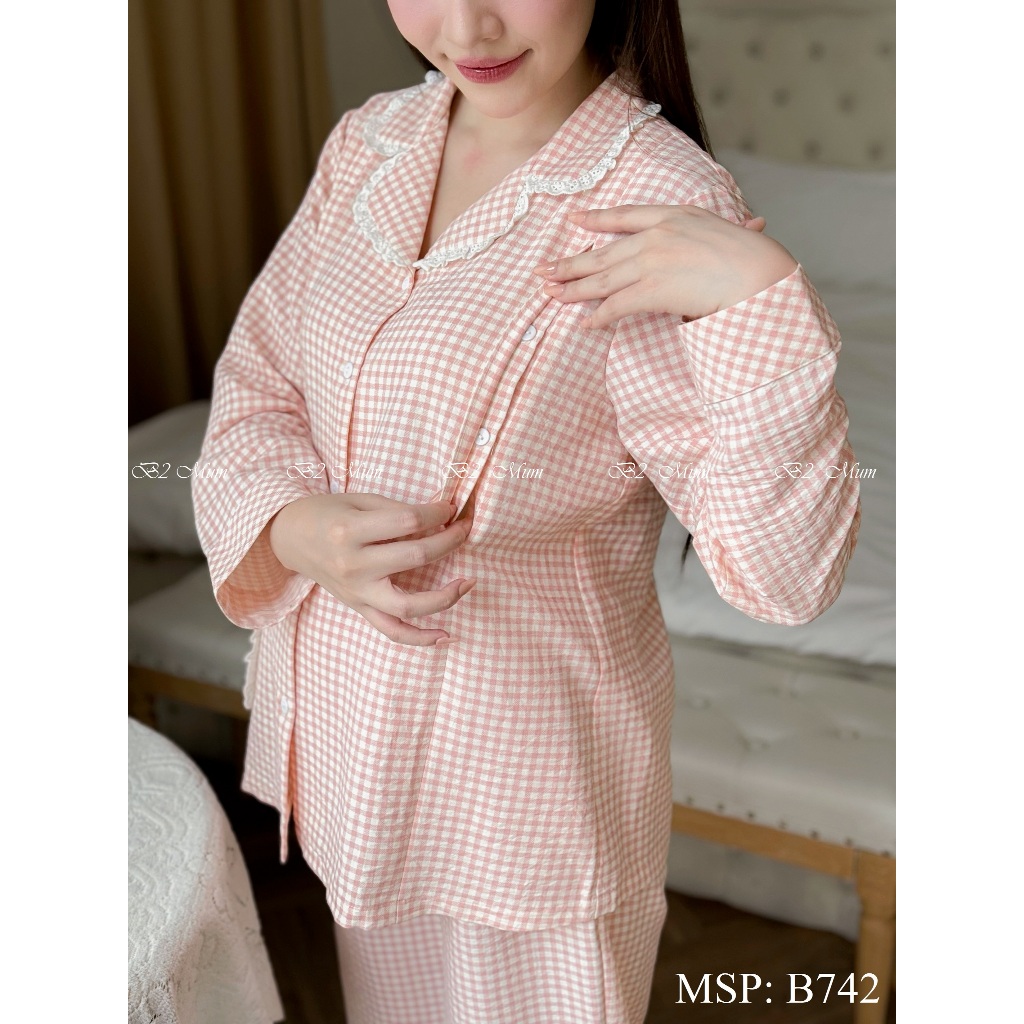 Bộ bầu mặc nhà và sau sinh chất đũi, mềm, mát, có thiết kế mở cúc cho bé ti, quần có chun chỉnh B742 B2MUM