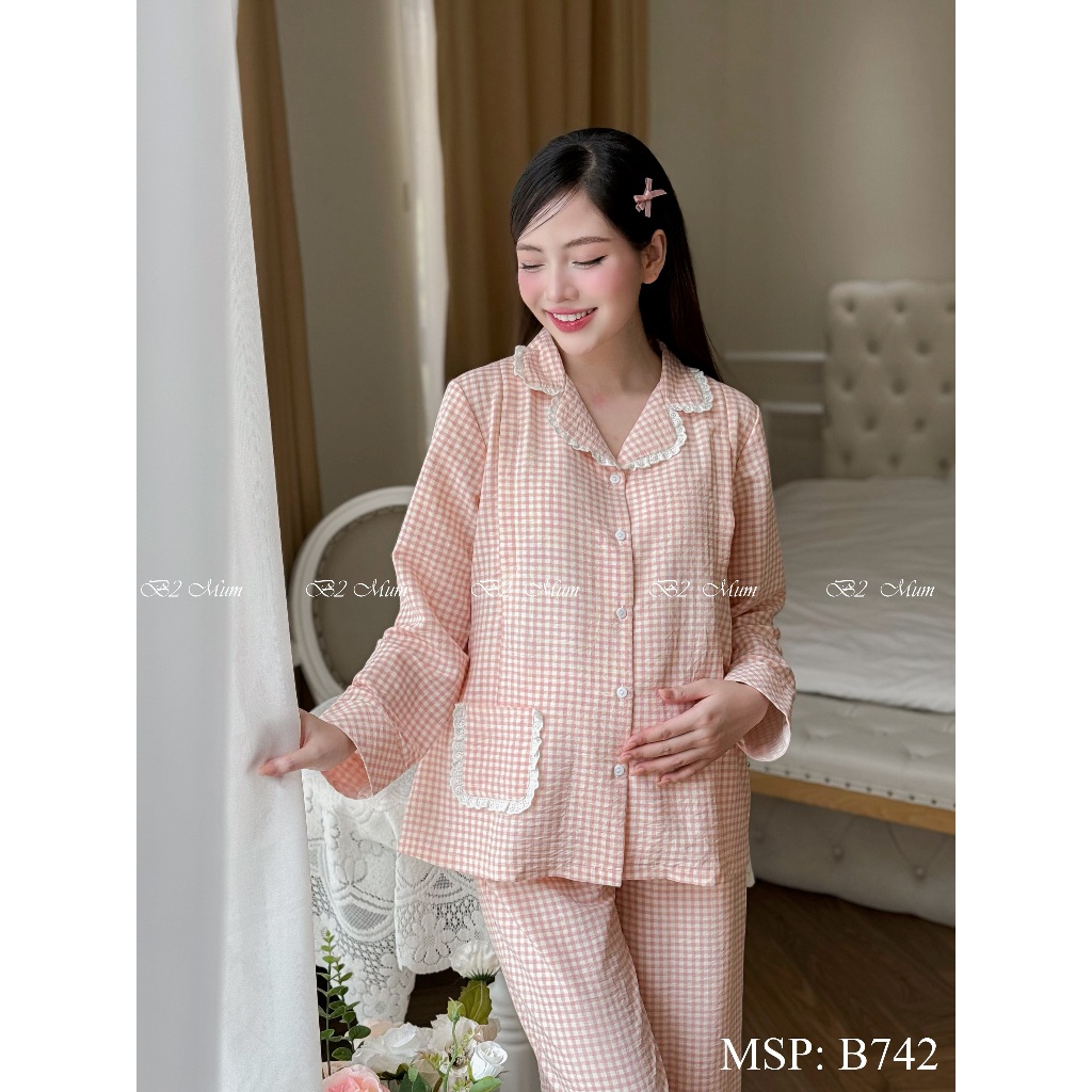 Bộ bầu mặc nhà và sau sinh chất đũi, mềm, mát, có thiết kế mở cúc cho bé ti, quần có chun chỉnh B742 B2MUM