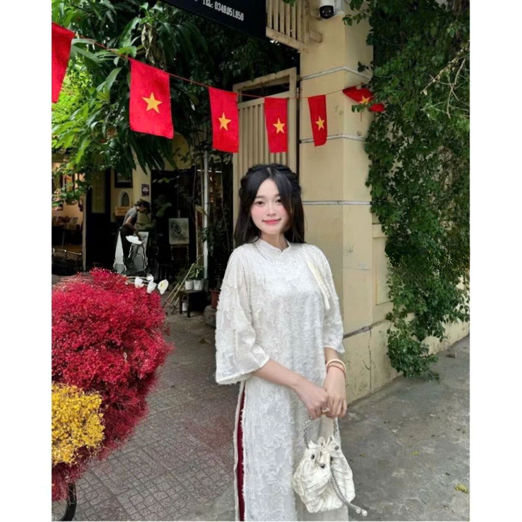 Áo dài lông vũ buộc nơ cách điệu MuzaBoutique, áo dài cách tân gấm hoa tua rua kèm quần lụa( hàng có sẵn) ,áo dài đẹp