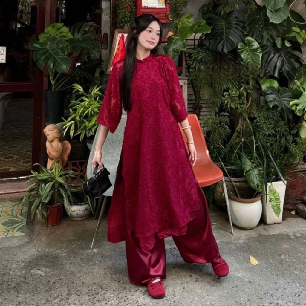 Áo dài lông vũ buộc nơ cách điệu MuzaBoutique, áo dài cách tân gấm hoa tua rua kèm quần lụa( hàng có sẵn) ,áo dài đẹp