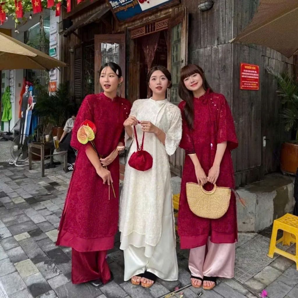 Áo dài lông vũ buộc nơ cách điệu MuzaBoutique, áo dài cách tân gấm hoa tua rua kèm quần lụa( hàng có sẵn) ,áo dài đẹp