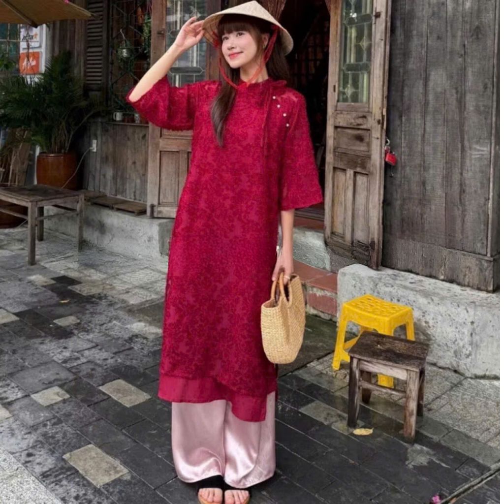 Áo dài lông vũ buộc nơ cách điệu MuzaBoutique, áo dài cách tân gấm hoa tua rua kèm quần lụa( hàng có sẵn) ,áo dài đẹp