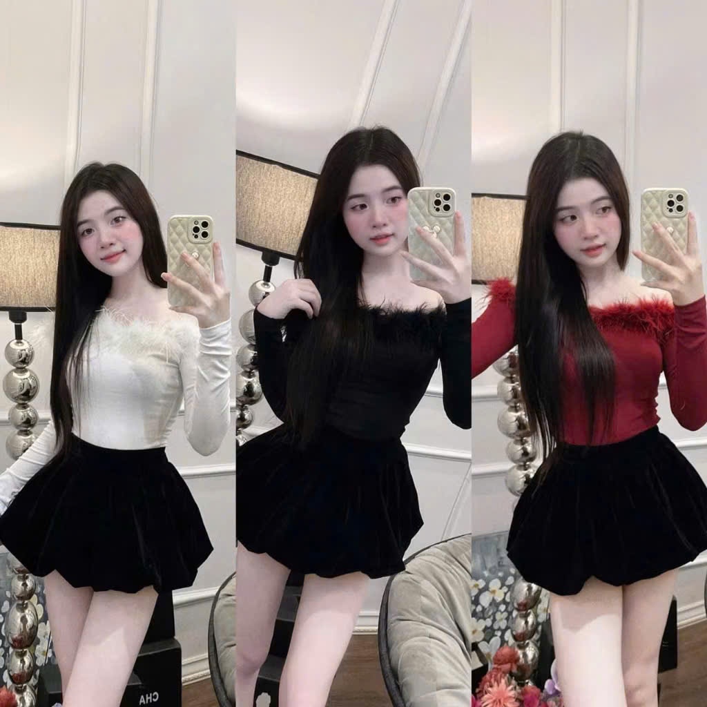 ÁO TRỄ VAI VIỀN LÔNG TAY DÀI - Áo kiểu thun tay dài chất thun borip mềm mịn có độ co giãn phối lông dáng ôm body