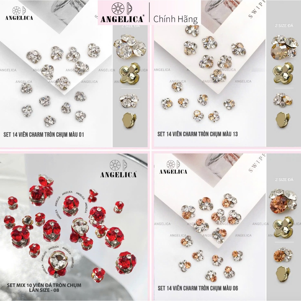 Set  Charm Đá Khối Tròn Chụm Sẵn Chân Vàng ANGELICA - Trang Trí Móng Tay