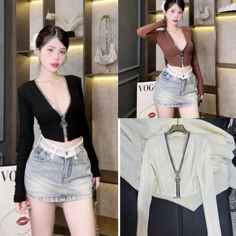 ÁO THUN DÂY KÉO TO TAY DÀI , Áo kiểu nữ form croptop ôm body chất borip mềm mịn khoá kéo to hot hit