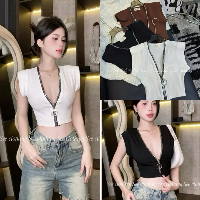 [Hot] ÁO CROPTOP CÁNH DƠI - ÁO TAY NGẮN  PHỐI DÂY KÉO SIÊU TO LÀM ĐIỂM NHẤN DÁNG NGẮN ÔM BODY