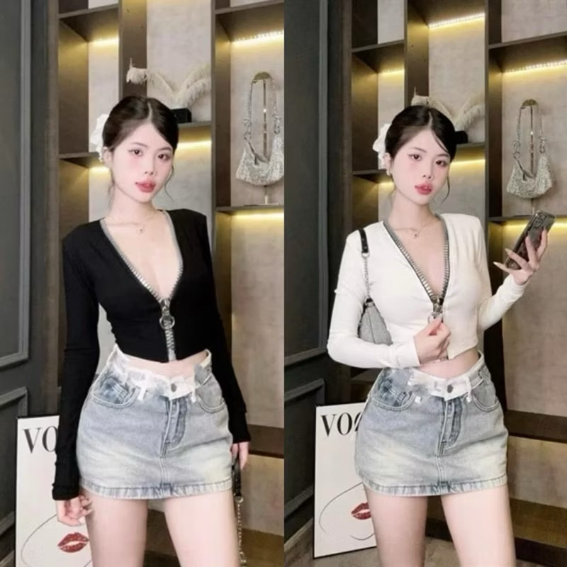 ÁO THUN DÂY KÉO TO TAY DÀI , Áo kiểu nữ form croptop ôm body chất borip mềm mịn khoá kéo to hot hit