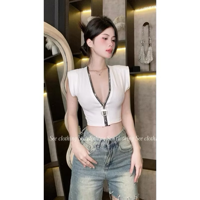 [Hot] ÁO CROPTOP CÁNH DƠI - ÁO TAY NGẮN  PHỐI DÂY KÉO SIÊU TO LÀM ĐIỂM NHẤN DÁNG NGẮN ÔM BODY