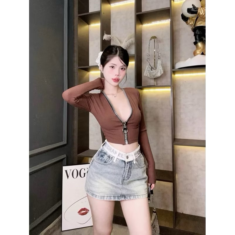 ÁO THUN DÂY KÉO TO TAY DÀI , Áo kiểu nữ form croptop ôm body chất borip mềm mịn khoá kéo to hot hit