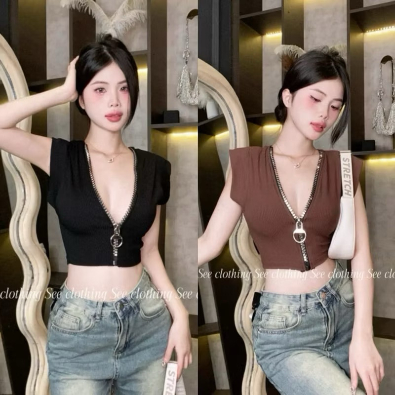 [Hot] ÁO CROPTOP CÁNH DƠI - ÁO TAY NGẮN  PHỐI DÂY KÉO SIÊU TO LÀM ĐIỂM NHẤN DÁNG NGẮN ÔM BODY