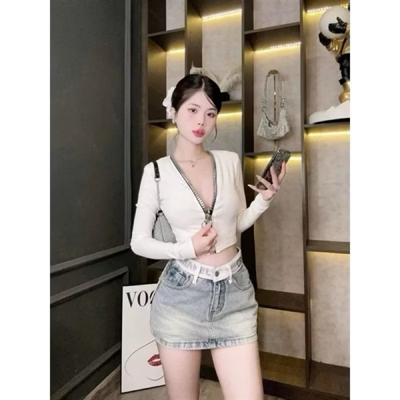 ÁO THUN DÂY KÉO TO TAY DÀI , Áo kiểu nữ form croptop ôm body chất borip mềm mịn khoá kéo to hot hit
