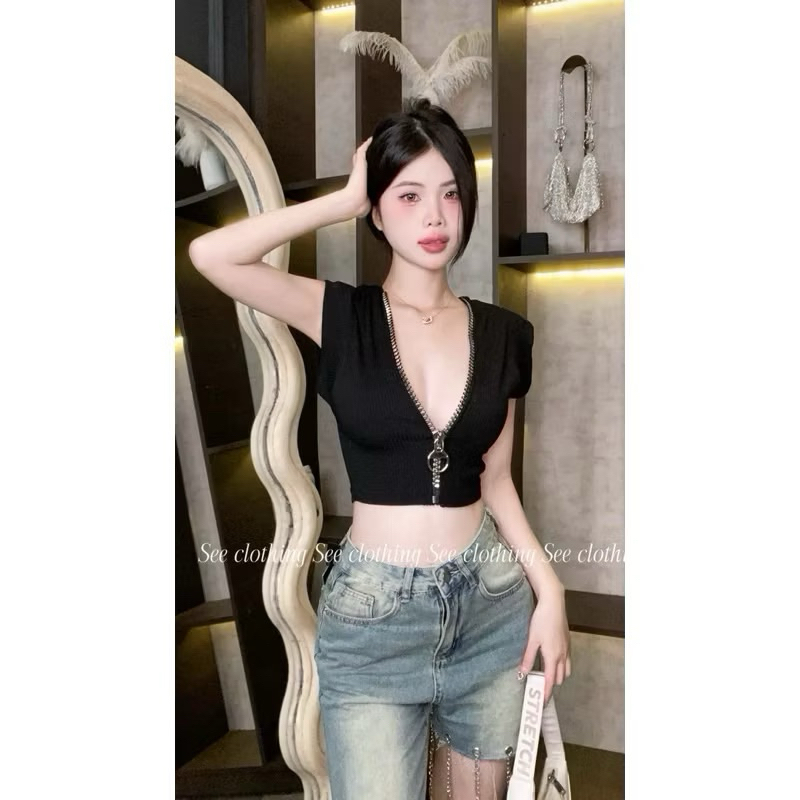 [Hot] ÁO CROPTOP CÁNH DƠI - ÁO TAY NGẮN  PHỐI DÂY KÉO SIÊU TO LÀM ĐIỂM NHẤN DÁNG NGẮN ÔM BODY